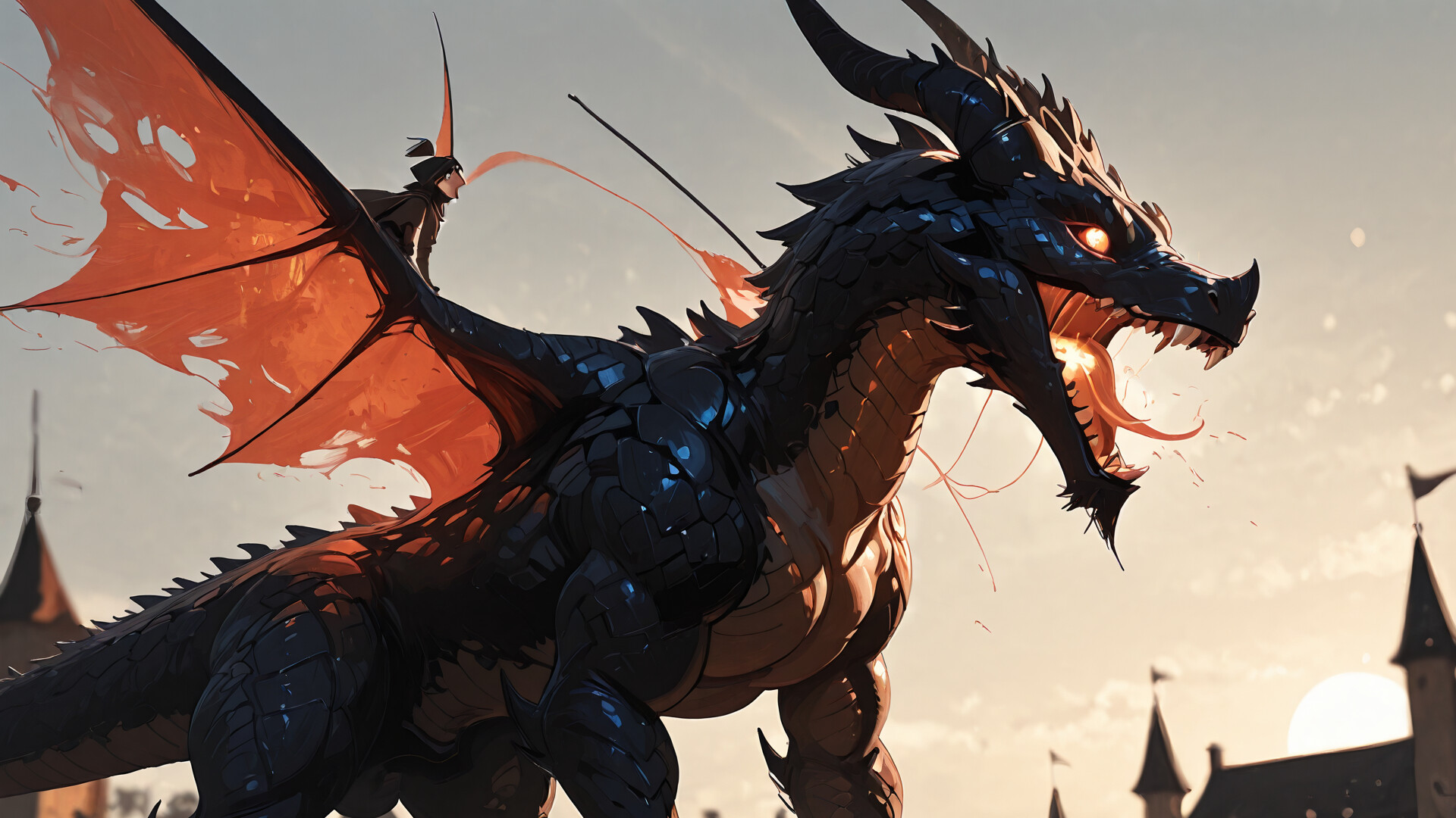 Ogromny, wężopodobny smok, płonący ogniem i otoczony płomieniami, dostojnie zasiada na najwyższej wieży mrocznego, gotyckiego zamku o zmierzchu.