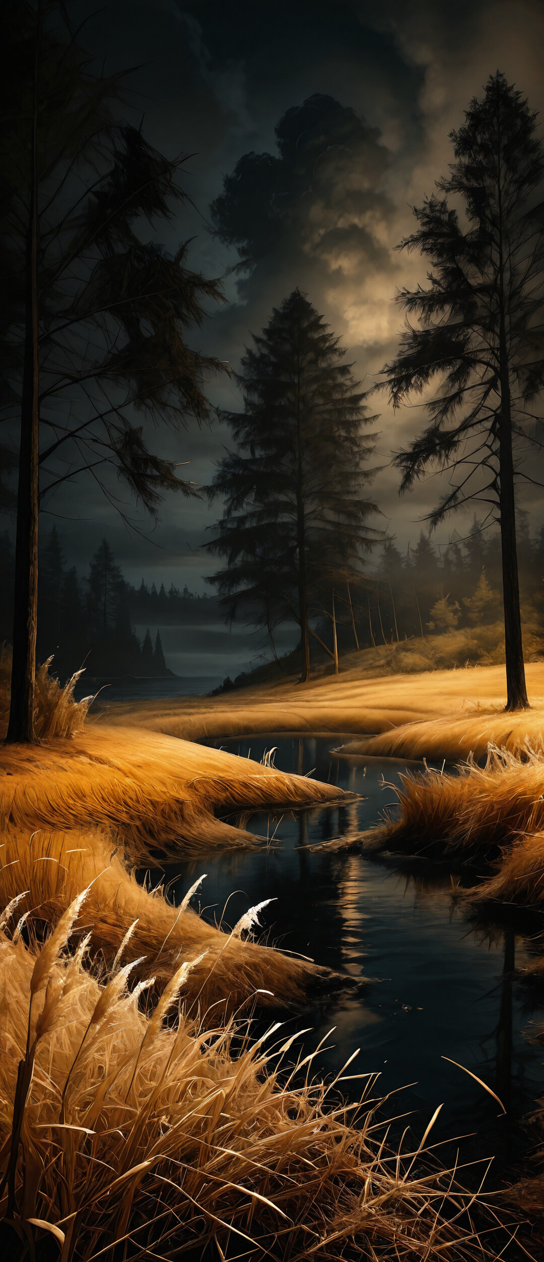 Malownicza scena przedstawiająca polną ścieżkę, wijącą się przez złote pole wysokich traw w kierunku oceanu, a w tle ciemne sosny i zachmurzone, nocne niebo.