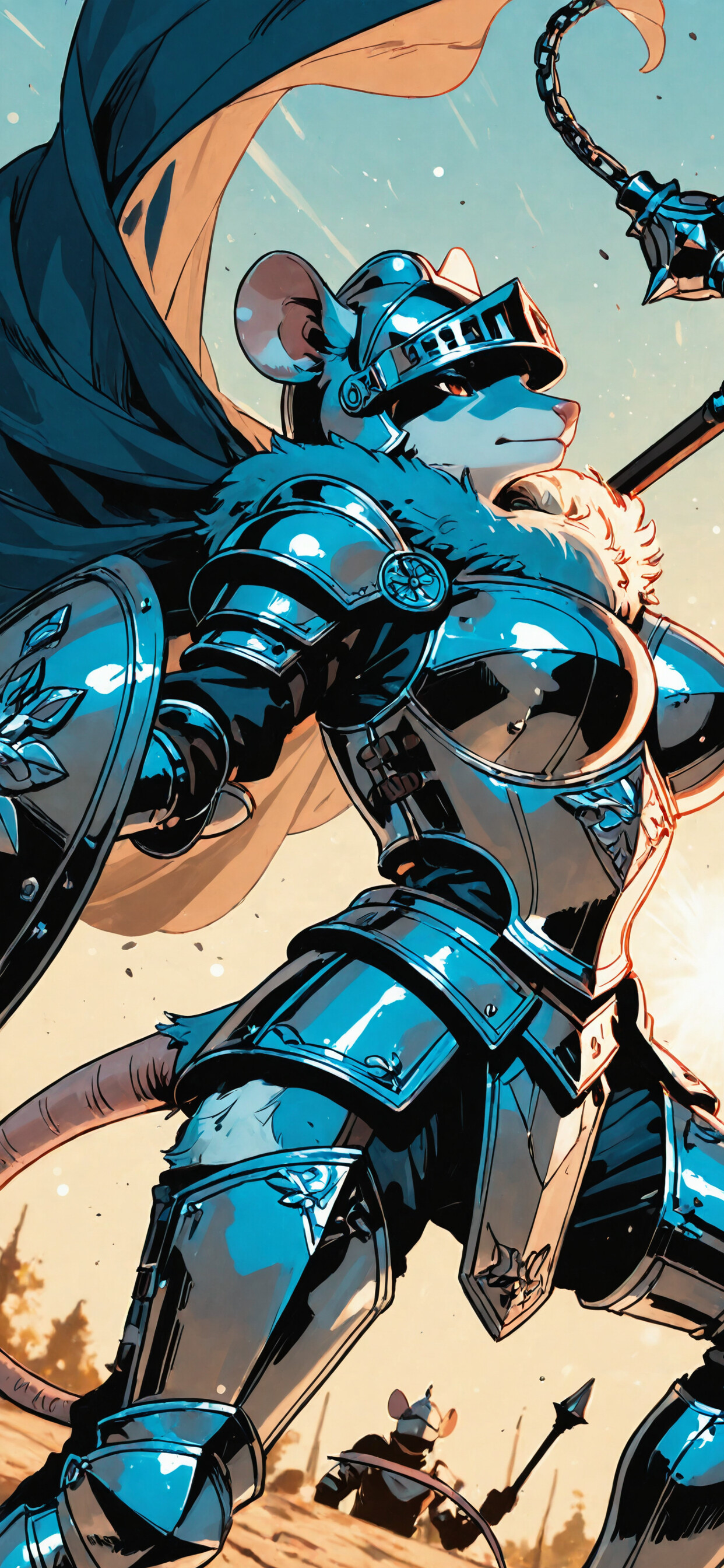 Cyfrowa ilustracja przedstawiająca antropomorficzną mysz, wojowniczkę, w pełnej płytowej zbroi i hełmie, trzymającą w ręku maczugę, a za nią powiewa czerwona peleryna. Na jej twarzy maluje się zdeterminowane wyraz.