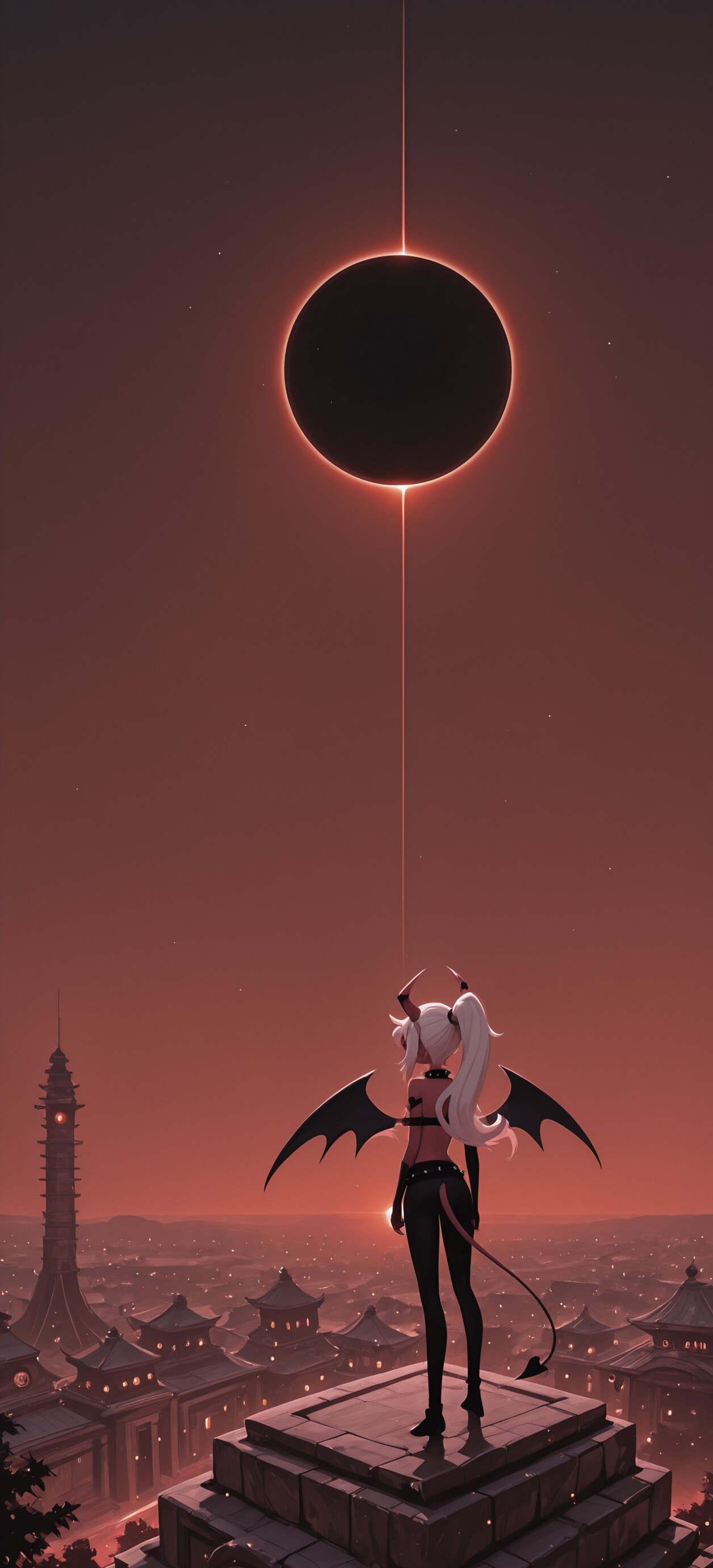 Verosika Mayday, postać przypominająca małego demona, o długich, białych włosach, rogach i skrzydłach, stoi na szczycie góry i spogląda na piekielny krajobraz, w którym widać wysoką pagodę, a nad nią rozpościera się całkowite zaćmienie Słońca.