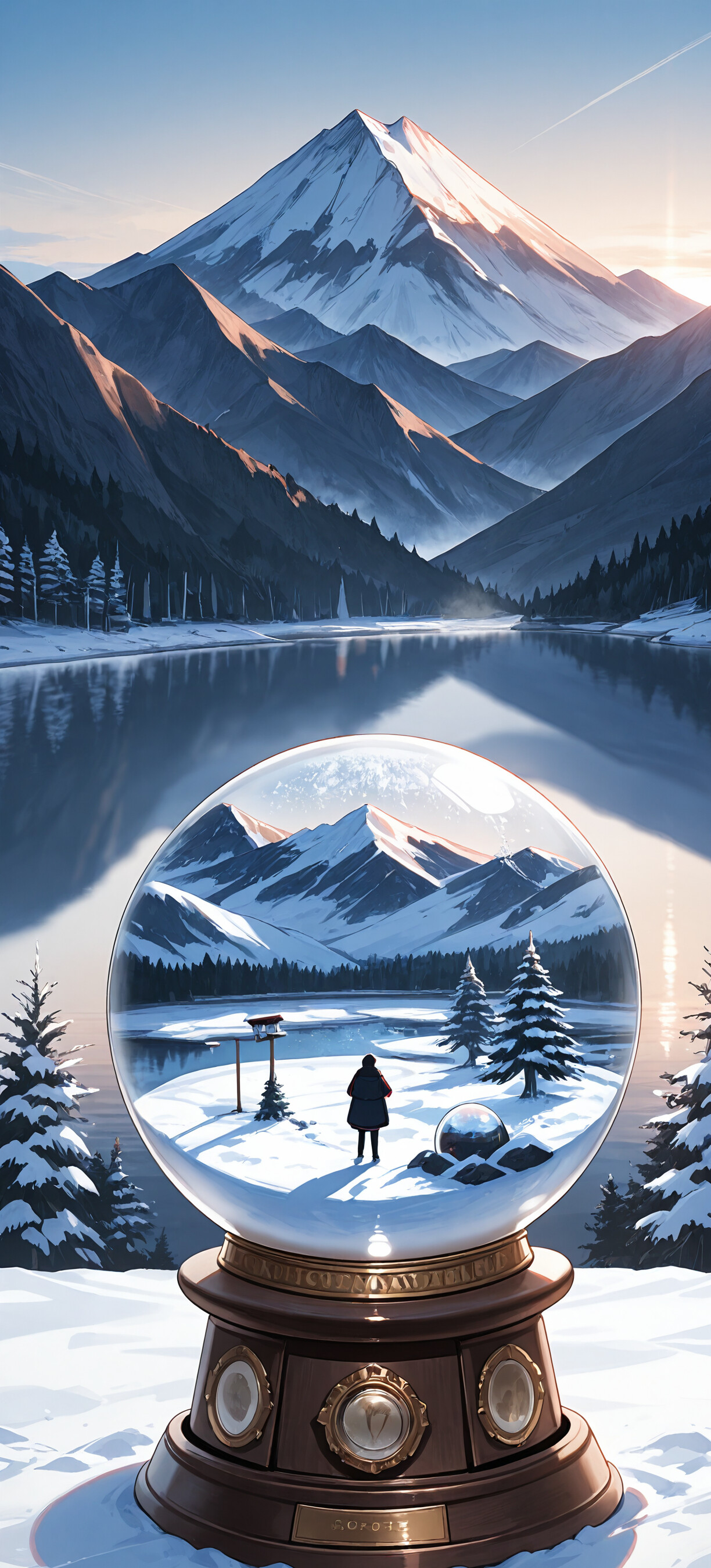 Szklana kula śnieżna, w której znajduje się miniaturowa zimowa sceneria z chatą i drzewami, a w tle widać prawdziwy, ośnieżony krajobraz górski i spokojne jezioro o wschodzie słońca.
