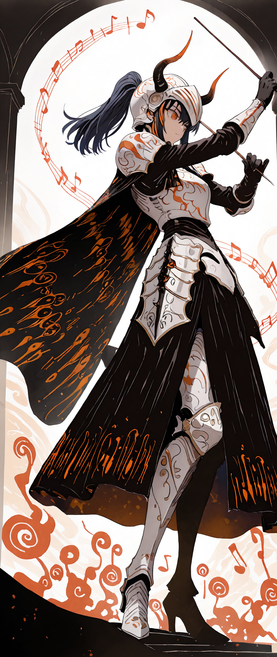 Ilustracja w stylu anime przedstawiająca postać Yaneko Uta jako rycerza-dyrygenta. Ma na sobie bogato zdobioną, biało-srebrną zbroję, czarny płaszcz i hełm z rogami. W rękach trzyma dwie pałeczki dyrygenckie i stoi pośród wiru świecących, pomarańczowych nut muzycznych.